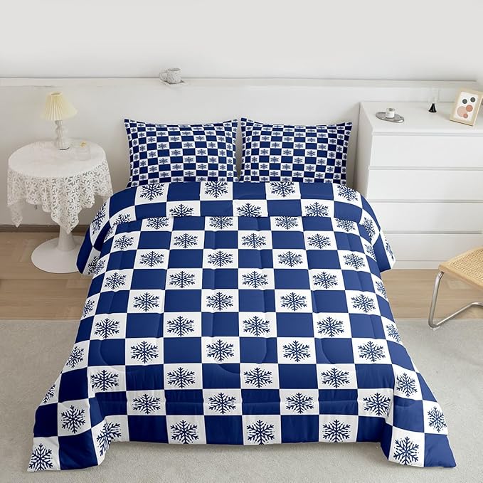 Feelyou Christmas Bedding Set Soft for Boys Girls, Checkered Comforter Set Toddler Size Snowflake Duvet Quilt Microfiber Xmas Decorations Bedroom Decor Blue 2 Pcs with 1 Pillow Cases
