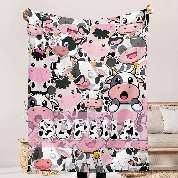 Custom Cows Blanket for Girls Boys, Personalized Name Blankets for Baby Kids Teens, Customized Cow Print Throw for Cow Lovers, Soft Flannel Throw Blankets Christmas Birthday Gift Bedding Decor