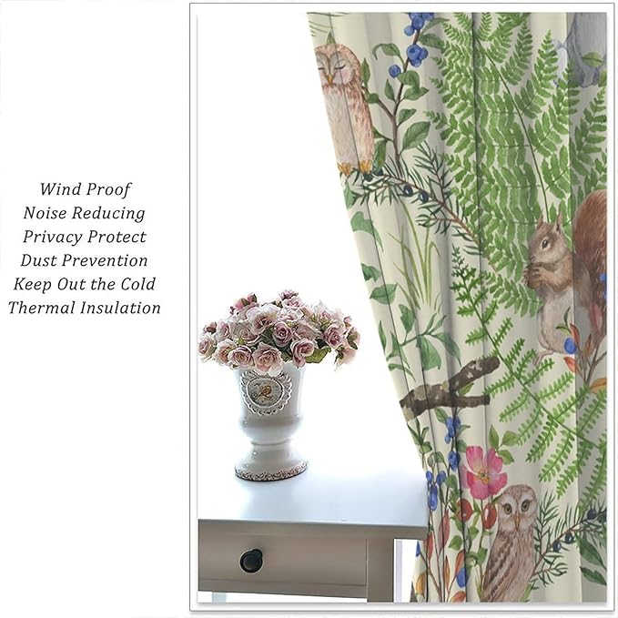 Forest Animal Curtains, Kids Rustic Wild Animal Window Treatments Watercolor Cute Woodland Fox Hedgehog Window Drapes for Nursery Toddler Bedroom 55x63in