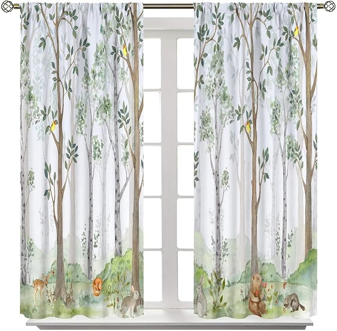 Kids Animal Curtains, Watercolor Natural Forest Animal Hedgehog Fox Butterfly Rabbits Forest Print Curtain Boys and Girl Bedrooms 72x63in