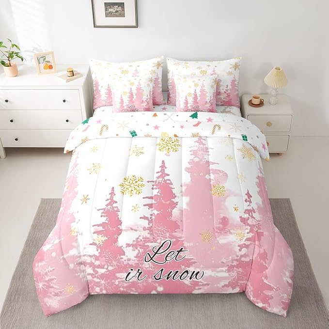 Feelyou Christmas Tree Bed Set for Children Kids Boys Girls Luxury Chic Xmas Theme Bed in a Bag Glitter Snowflake Comforter Set with Sheets Pink Room Decor Bedding Set King Size