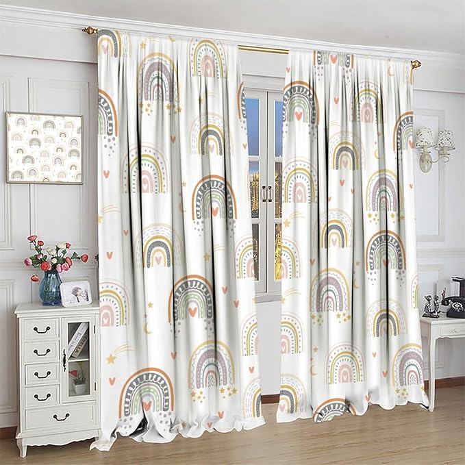 Kids Rainbow Curtains Boho Cartoon Colorful Stars Love Heart Lovely Abstract Art Pattern Print Window Drapes for Girl Bedroom Living Room Kitchen Decor,2 Panel Set,42Wx45H Inch Blackout