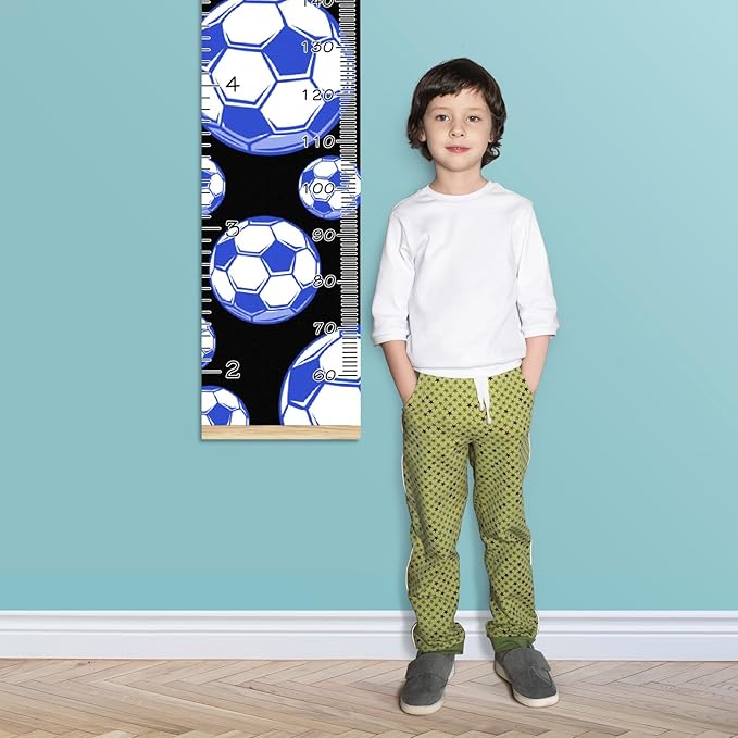 Personalized Kids Name Growth Chart Ruler for Wall Wood Frame Height Measure Chart 13.4x56 in Linen Hanging Height Growth Chart Football Soccer Blue Kids Room Decor