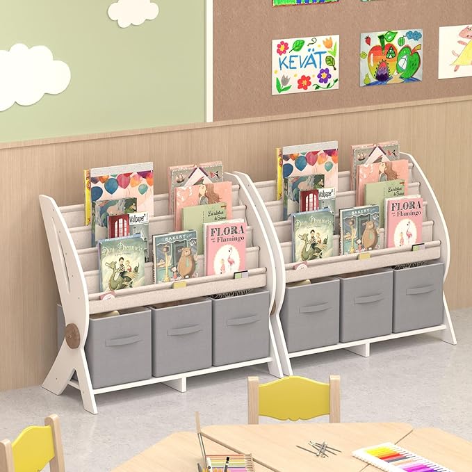 Kids Bookshelf Small 4 Sling Wood Book Rack Kids Room Bookcase Display Stand with 3 Toy Storage Organizer Cube Bins Children Toddler Baby Gift Boys Girls Bedroom Playroom Nursery