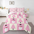 Feelyou Pink Christmas Kids Comforter Set Queen Size Snowman Bedding Set Xmas Tree Duvet Quilt for Kids Boys Girls Bedroom Decor Microfiber Ultra Soft Breathable