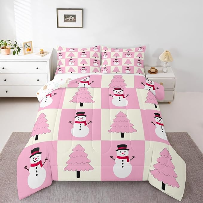 Feelyou Pink Christmas Kids Comforter Set Full Size Snowman Bedding Set Xmas Tree Duvet Quilt for Kids Boys Girls Bedroom Decor Microfiber Ultra Soft Breathable