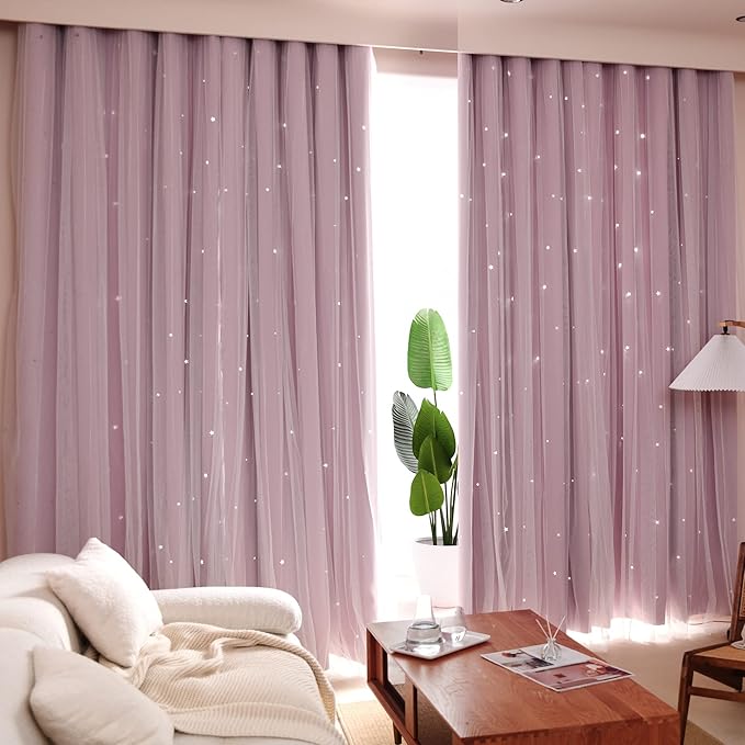 Kinryb Princess Curtains for Girls Bedroom with Sheer Overlay,Double Layer Curtain for Living Room with Star Cutout, Curtains for Kids Room (70 W*84 L Inches,2 Pcs Pink)