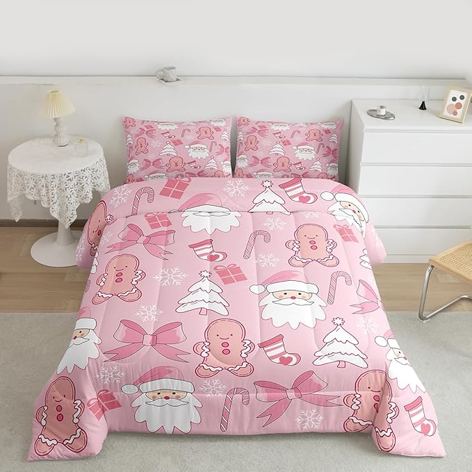 Feelyou Pink Christmas Bedding Set Soft for Boys Girls, Santa Claus Comforter Set Queen Size Gingerbread Man Duvet Quilt Microfiber Bow Candy Cane Bedroom Decor 3 Pcs with 2 Pillow Cases