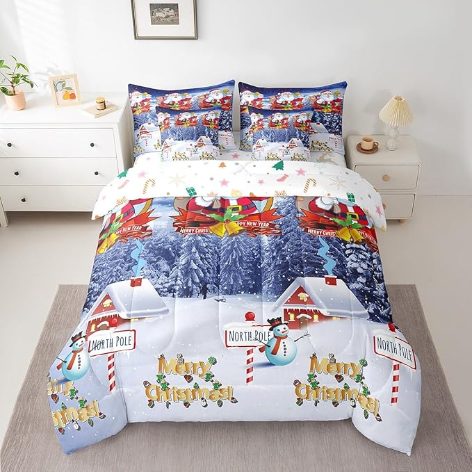 Feelyou Kids Christmas Bed in a Bag Xmas Santa Claus King Size Bed Set for Boys Girls Merry Christmas Warmth Comforter Set with Sheets Galaxy Blue Decor Bedding Set Bedroom Collection Boys