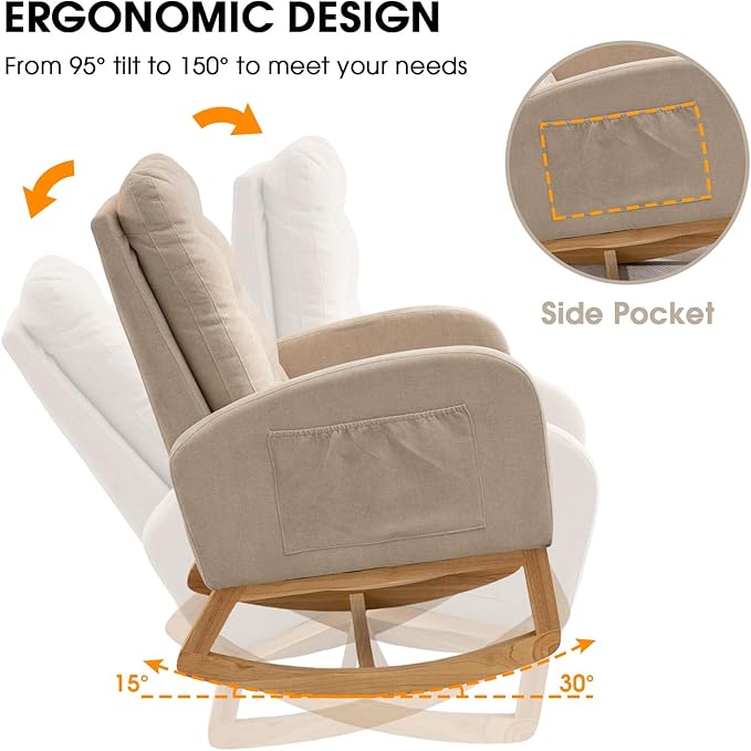 NIOIIKIT Nursery Rocking Chair, Linen Upholstered Glider Chair with Footrest, Tufted Rocker Recliner with Side Pocket, Comfy Recliner Glider, Accent Chair for Living Room (Cream Linen)