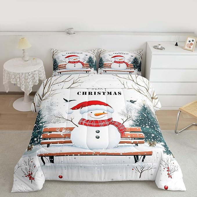 Feelyou Merry Christmas Comforter Set Queen Size Cute Snowman Bedding Set for Kids Boys Girls Snowflake Duvet Quilt Christmas Tree Bedroom Decor Microfiber 3 Pcs with 2 Pillow Cases