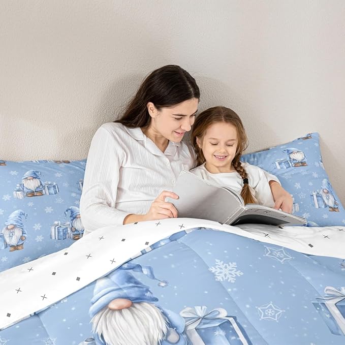 Feelyou Blue Christmas Comforter Set Full Size Scandinavian Christmas Santa Gnomes Bedding Set for Kids Boys Girls Xmas Snowflake Duvet Quilt Bedroom Decor 3 Pcs with 2 Pillow Cases