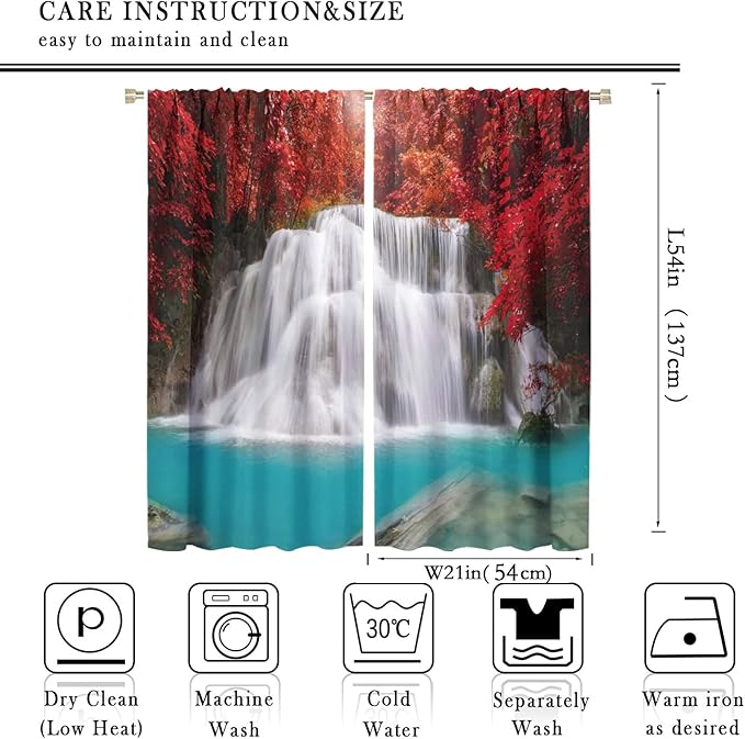 Red Forest Waterfall Blackout Windows Curtains, Tree Landscape Woodland Scenic Nature Fall Scenery Art Printed Curtains, for Living Room Bedroom 42x54in 2 Panels