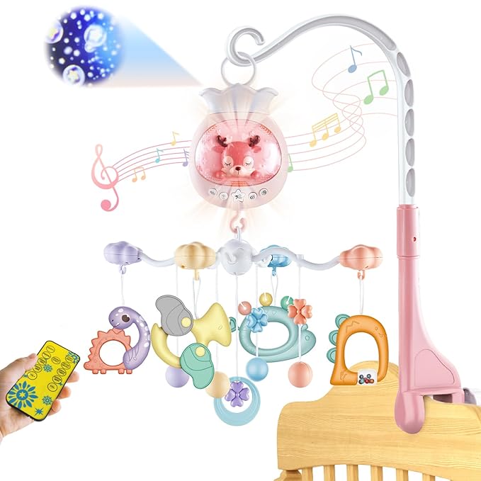 Crib Mobiles for Babies with Music, Rotatable Baby Mobile for Crib with Projection, Timing Function and Baby Rattles Toy, Baby Crib Toys Hanging for Boys Girls 0-12 Months (Pink)