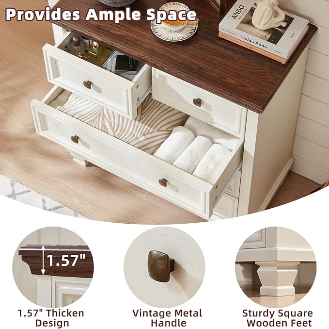 Farmhouse Bedroom Dresser and Nightstand Set of 4, 6 Drawer Low & 5 Drawers Dresser & 2 Drawer Nightstand Set, Rustic Wood Furniture Set for Bedroom, Hallway, White