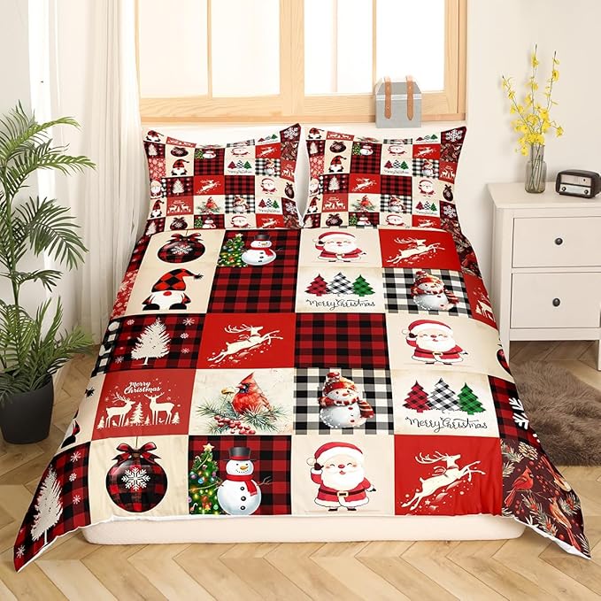 Manfei Christmas Duvet Cover Set Full Size, Deer Tree Snowman Santa Claus Print Comforter Cover with 2 Pillowcases, Plaid Grid Print Bedding Set 3pcs for Kids Boys Girls Bedroom Decor,No Comforter