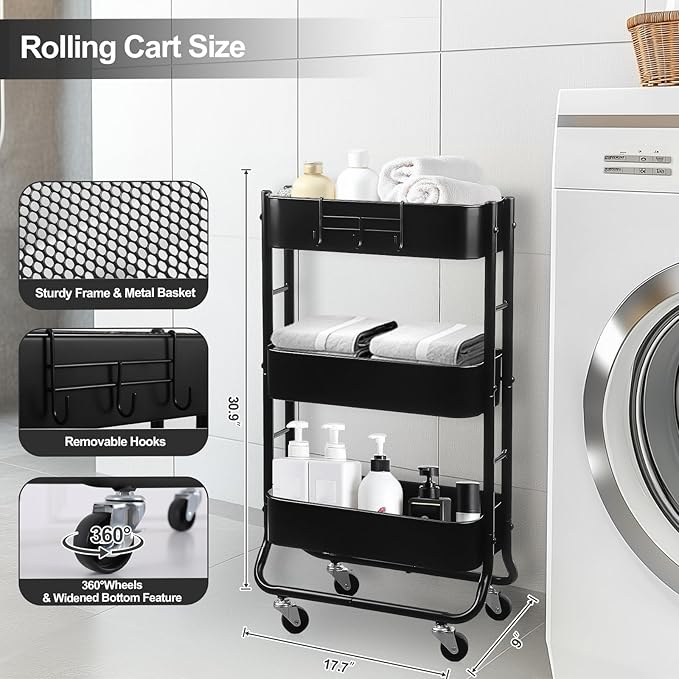 MAX Houser Slim 3-Tier Rolling Utility Cart, Narrow Metal Bathroom Storage Multifunctional Organizer Carts with Wheels with Extra Hook, Laundry Room,Kitchen,Small Space(Black)