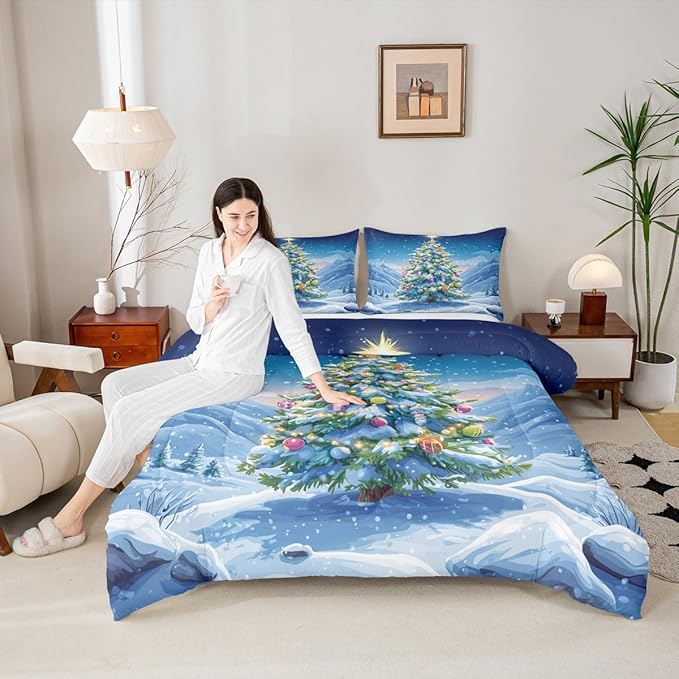 Feelyou Christmas Comforter Set Twin Size Xmas Tree Bedding Set for Kids Boys Girls Winter Snowflake Duvet Quilt Christmas Tree Ornaments Bedroom Decor Microfiber 2 Pcs with 1 Pillow Cases