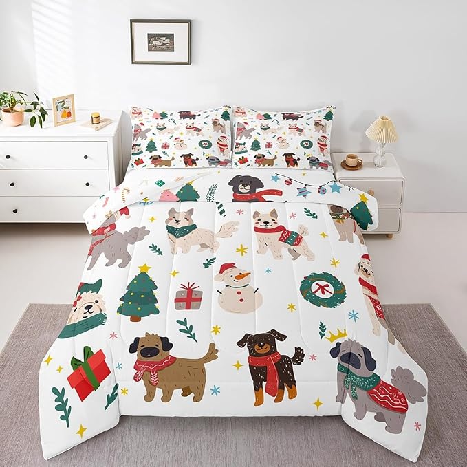 Erosebridal Merry Christmas Quilt Queen Size Cartoon Dog Comforter Set for Teens Kids Boys Xmas Tree Snowman Bedding Set Cute Pug Puppy Animal Duvet Insert with 2 Pillow Cases