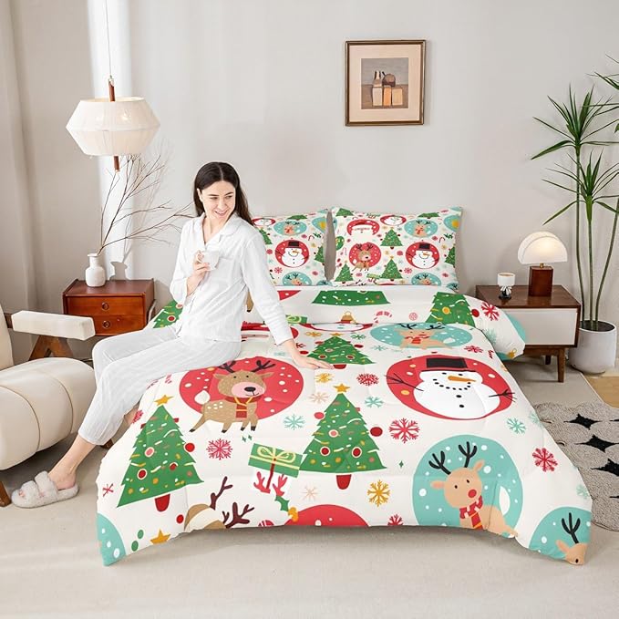 Feelyou Christmas Bedding Set Soft for Boys Girls, Santa Snowman Comforter Set Queen Size Deer Xmas Tree Duvet Quilt Microfiber Snowflake Bedroom Decor 3 Pcs with 2 Pillow Cases