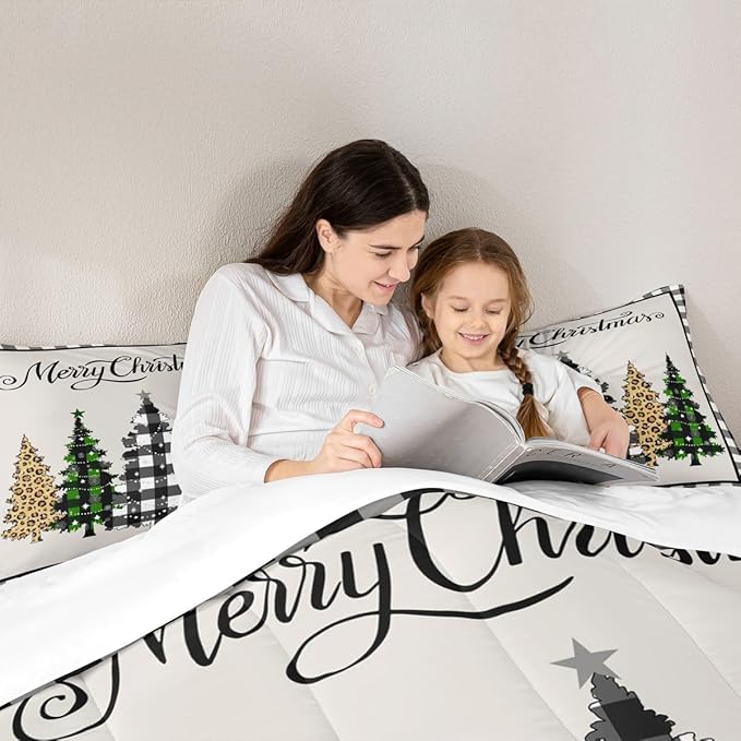 Merry Christmas Kids Comforter Set King Size,Leopard Plaids Pines Trees Bedding,Girls Boys Adults Bedroom/Xmas Cabin Decor,Geometric Grids Retro Down Comforter,Rustic Duvet Insert,2 Pillowcases
