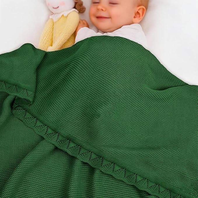 Baby Knit Blanket Soft Breathable Cotton Scallop Border Blankets Newborn Knitted Blanket Swaddle Blankets Gifts for Baby Newborn Toddler Shower Boy Girl New Mom Birthday Christmas Green 30x30