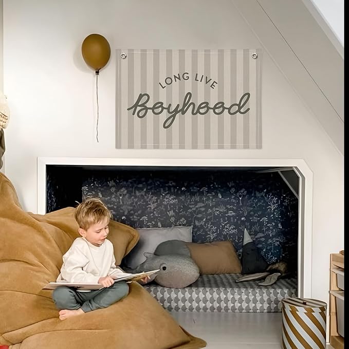Long Live Boyhood Banner, Boy Nursery Decor, Canvas Banner Wall Hanging Flag Decor for Nursery Playroom Toddler Room, Boys Kids Room - Gray