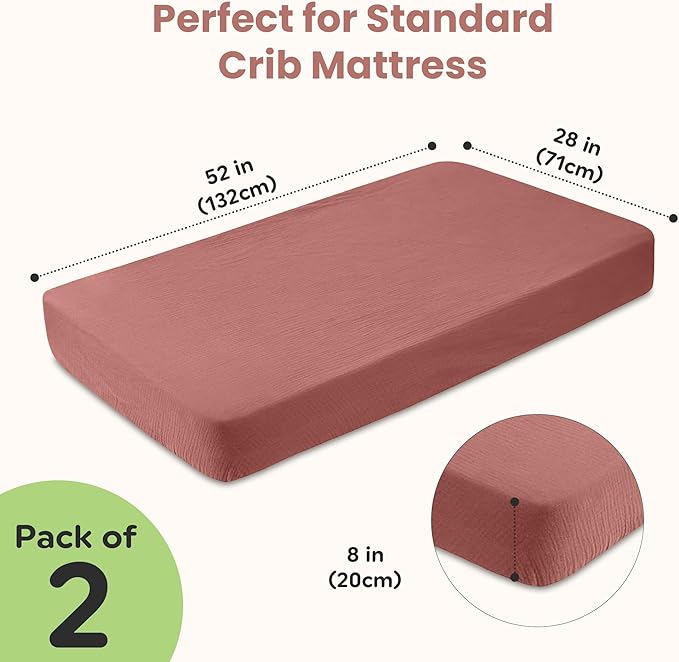 Organic Cotton Muslin Crib Sheets (Set of 2) – Soft & Breathable Fitted Sheets for Boys and Girls, Neutral Colors – Fits Standard Baby Crib Mattress (28 x 52 Inches) (Rust/Ivory)