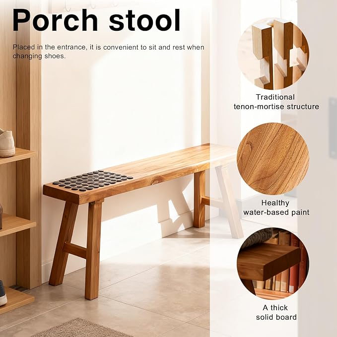 Wooden Entryway Bench Farmhouse for Bedroom End of Bed Vintage Artisan Live Edge Ustic Interior Decor Accent Mudroom,Bedside,Dinette Table,Noodle Narrow Bench (39.3" W x 17.7" H x 10" D)