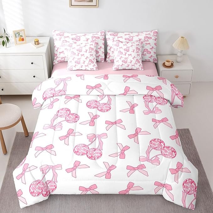 7 Pieces Cartoon Bowknot Kids Comforter Set Queen,Western Cowgirl Disco Ball Retro Bedding Set,Bow Tie Cute Princess Pink Romantic（Comforter+Fitted+Flat Sheet+2 Pillowcases+2 Throw Pillow Covers）