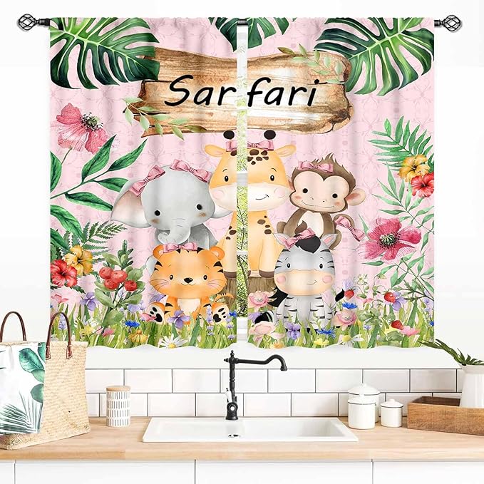 Kids Safari Animals Curtains, Cartoon Giraffe Elephant Monkey Woodland Jungle Tropical Leaf Pink Window Curtains for Boys Girls Baby Living Room Bedroom Nursery Classroom 2 Panels, 55x39 Inch