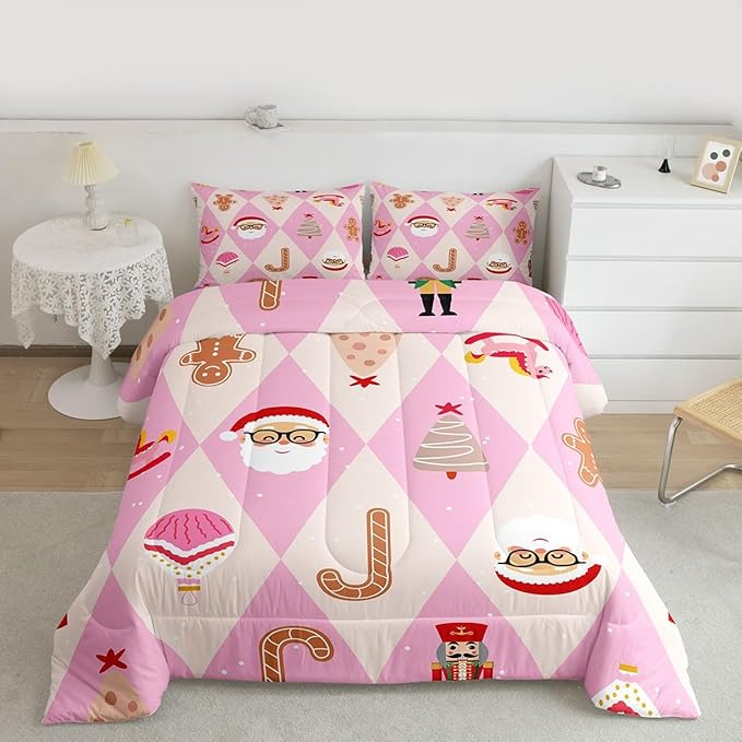 Feelyou Pink Christmas Kids Comforter Set Twin Size Santa Claus Bedding Set Xmas Tree Nutcracker Soldier Duvet Quilt for Kids Boys Girls Bedroom Gingerbread Man Decor Microfiber Ultra Soft Breathable