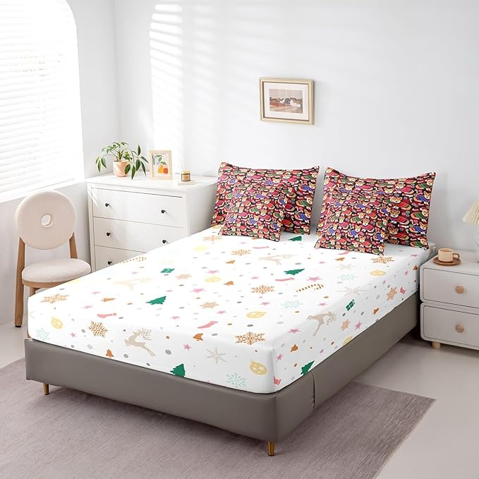 Feelyou Cute Dog Comforter Set with Sheets Cartoon Christmas Bed Set for Kids Boys Girls Merry Christmas Decor Bed in a Bag Red Geometric Lattice Bedding Set Bedroom Collection Queen Size