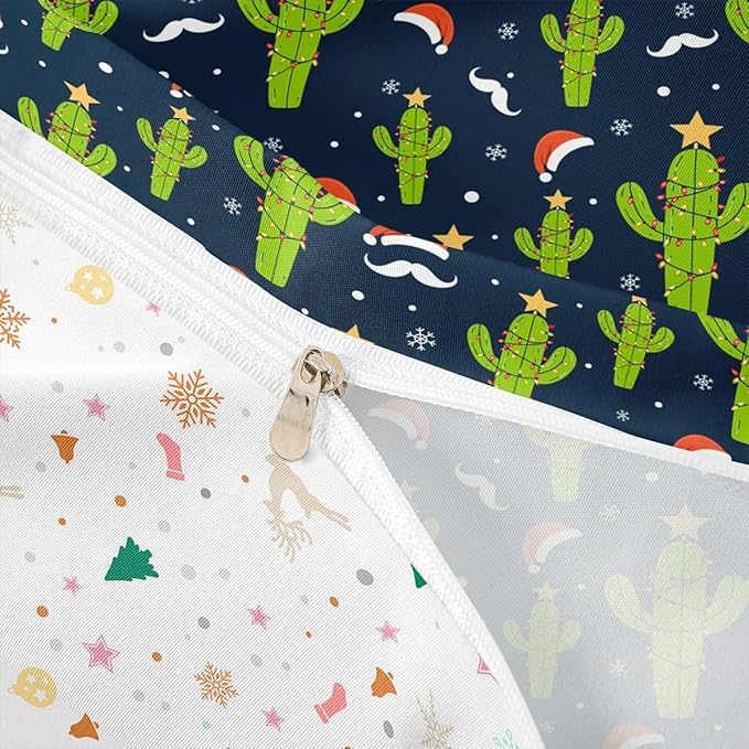 Feelyou Christmas Duvet Cover Boys Cartoon Cactus Xmas Theme Bedding Set for Kids Teens Ultra Soft Snowflake Comforter Cover Set New Year Bedspread Cover Room Decor Queen Size Bedclothes Zipper