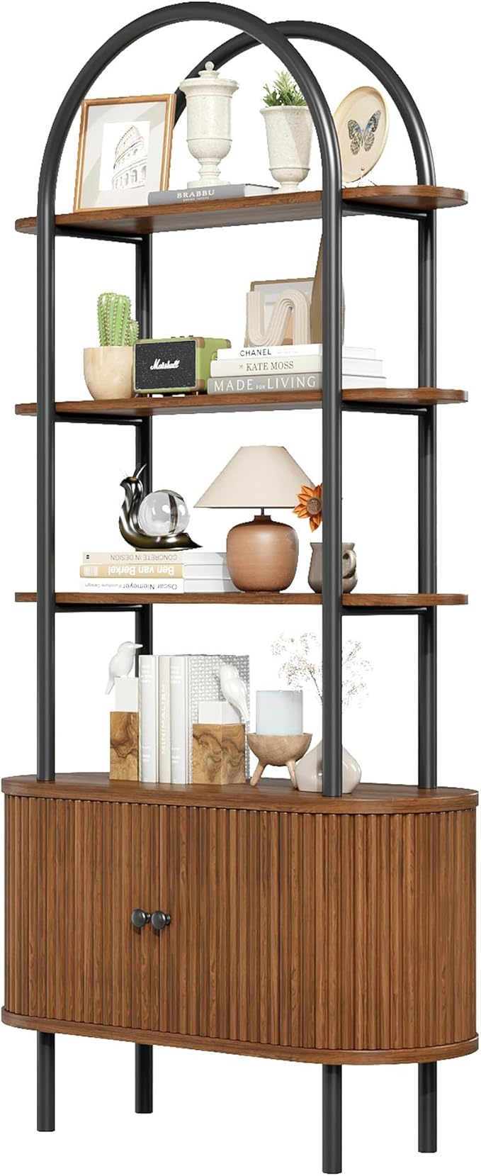 71" Tall Bookshelf, Bookcase, 4-Tier Book Shelf with Storage Cabinet, Curved Metal Frame Bookcase, Freestanding Industrial Storage Display Shelving for Living Room Office Bedroom, Walnut