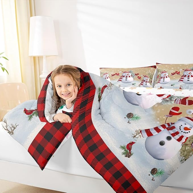 Cartoon Snowman Kids Christmas Comforter Set Queen Size,Pines Snowflake Rustic Bedding,Girls Boys Adults Bedroom/Xmas Cabin Decor,Grids Geometric Down Comforter,Farmhouse Duvet Insert,2 Pillowcases