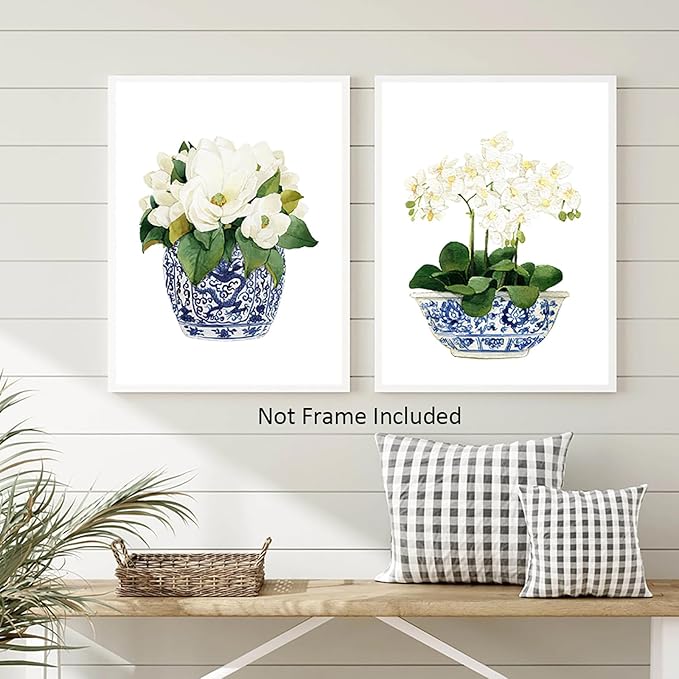 White Orchid & Magnolia Watercolor Flowers Botanical Plant Art Print Blue And White Chinoiserie Wall Art Oriental Vase Blue White Willow Style Porcelain Flower Jar Poster for Living Room Decor