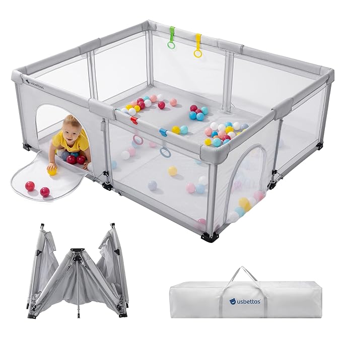 Foldable Baby Playpen,Portable Playpen for Babies and Toddler, 59 * 71 Inch Kids Travel Play Pen with 4 Handlers,Carry Bag,Large Lighgtweight Baby Play Yard for Indoor&Outdoor,Light Gray