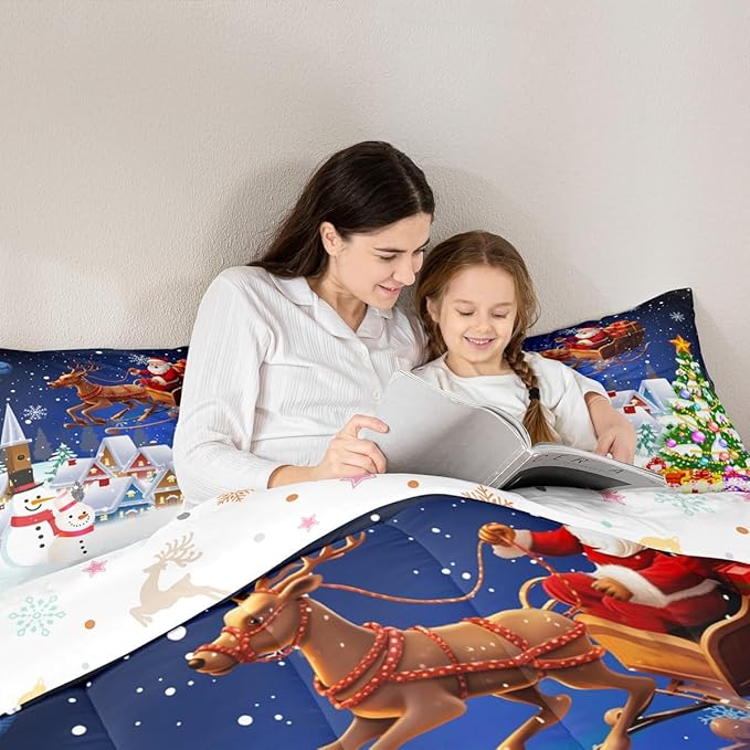 Manfei Christmas Bedding Set Queen Size Snowman Christmas Tree Print Comforter Set Santa Claus with Reindeer Quilt Set 3pcs for Kids Boys Girls Room Decor New Year Theme Duvet Set with 2 Pillowcases