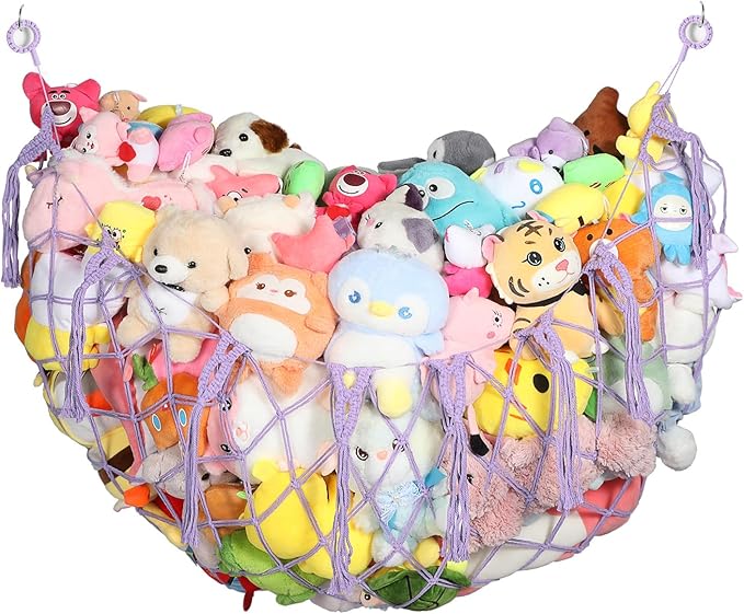 Yecaye 60 IN Stuffed Animal Hammock, Hanging Stuffed Animal Storage with Handmade Macrame Tassels, Net for Stuffed Animals Corner Large for Nursery Living Room Wall Decoration, Lavender Purple