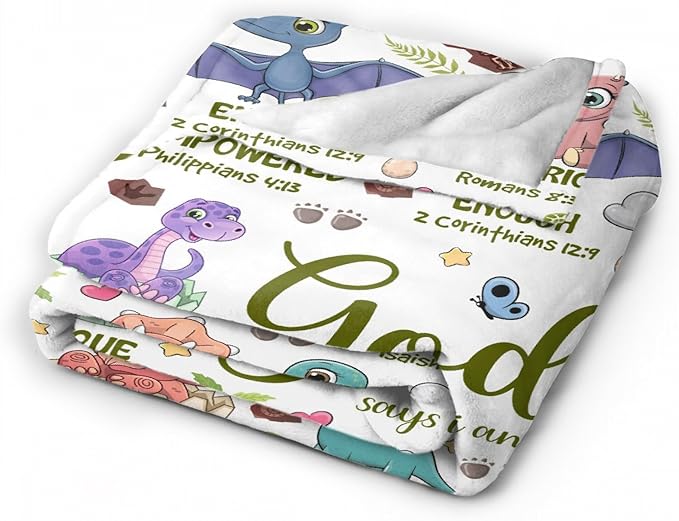 Bible Verse Blanket, Christian Gifts, God Says I am Print Dinosaur Blankets, Meaningful Thoughtful Religious Baptism Gift for Son,Dinosaur Lovers Room Bed Decoration, 50"x60"