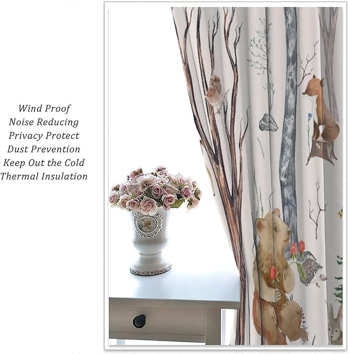 Rustic Forest Window Curtains Curtains, Woodland Animal Bear Deer Hedgehog Fox Squirrel Watercolor Blackout Rod Pocket Treatments Drapes for Boys Girls Bedroom 63x72in