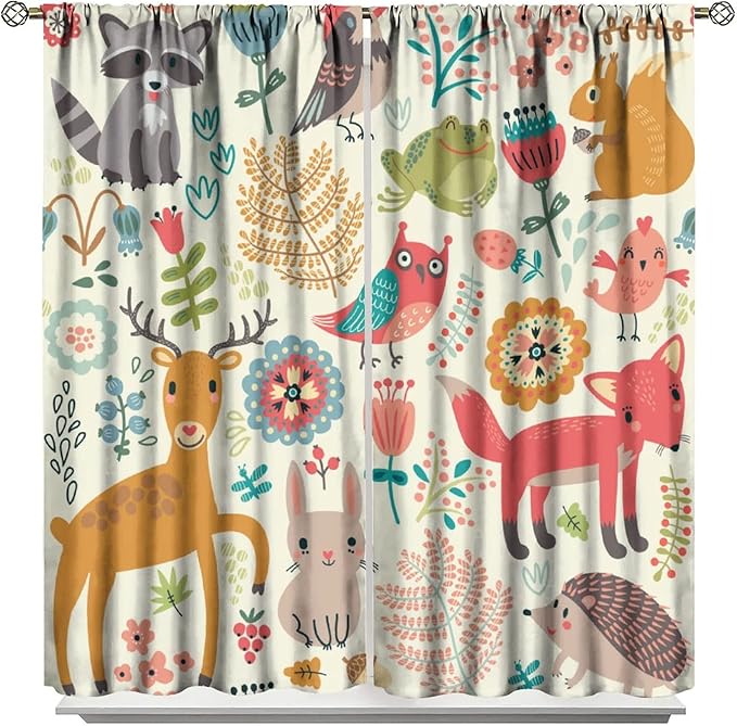 Kids Baby Woodland Blackout Curtains,Forest Animals Plants Cartoon Funny Colorful Deer Fox Owl Pattern Thermal Insulation Window Drapes for Boys Girls Children's Bedroom 52x84in