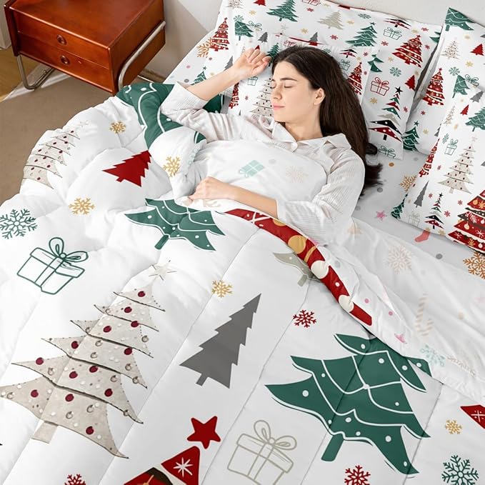 Erosebridal Christmas Bed in A Bag 7 Pcs Colorful Christmas Tree Comforter Set for Women Men Xmas Tree Snowflake Bedding Sets King Winter Xmas Ornaments Gift Sheet Set with Comforter