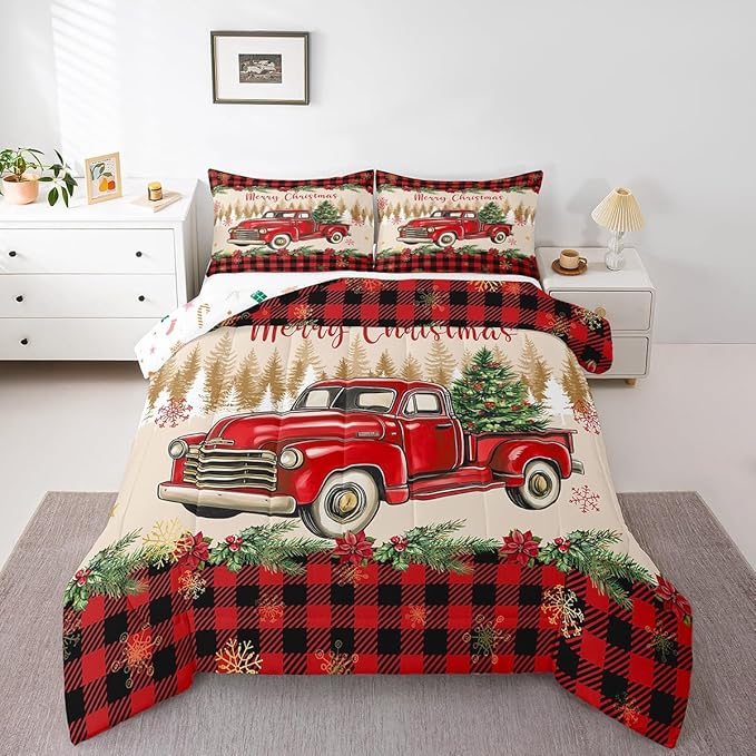 Erosebridal Merry Christmas Bedding Set Red Truck Queen Comforter Set for Kids Boys Girls Teens Room Decor,Xmas Tree Down Comforter Red Black Buffalo Plaid Decor Bed Set Car Printed Themed Quilt Set