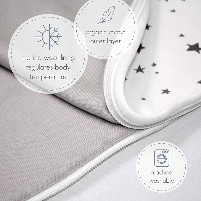 Woolino Merino Wool and Organic Cotton Baby Sleep Bag - 4 Season Classic Sleep Sack - Two-Way Zipper Sleeping Bag for Baby and Toddler - 6-18 Months - Night Sky