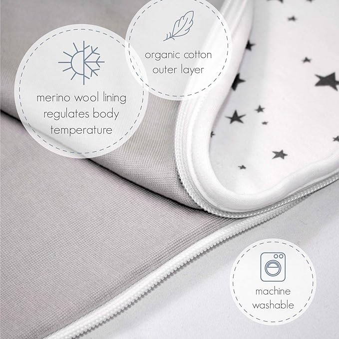Woolino Merino Wool and Organic Cotton Baby Sleep Bag - 4 Season Classic Sleep Sack for Baby - Two-Way Zipper Sleeping Bag for Baby and Toddler - 6-18 Months - Gray