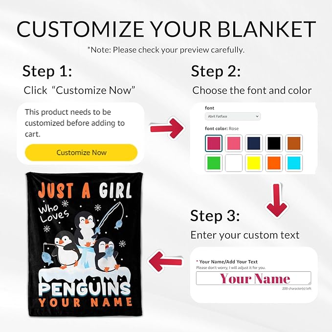 Personalized Penguin Gift for Girls - 40" x 50" Inches Cute Penguin Throw Blankets for Kids - Black Warm Cozy Blankets for Sofa, Crib & Bed