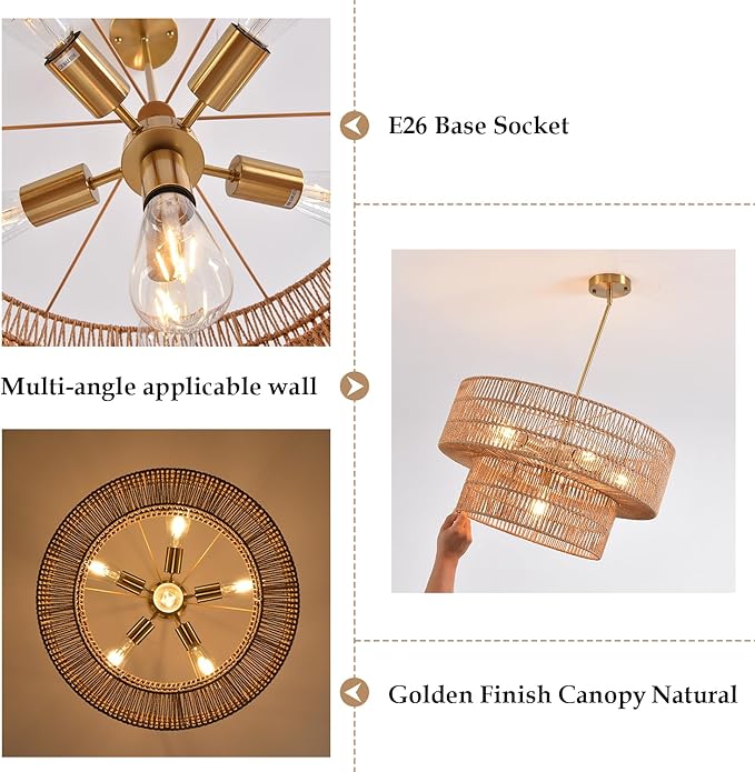 23.62" 6-Light Rattan Farmhouse Chandelier, Boho Large Pendant Light, Large Wicker Chandelier Light Fixtures, Hand Woven Chandeliers, for Dining Room