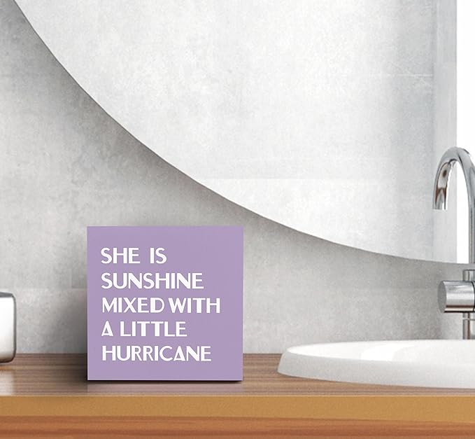 SRADMO She Is Sunshine Mixed with a Little Hurricane Boho Purple Wood Box Sign Desk Decor, Baby Girls Inspirational Wooden Box Decor for Girls Room Nursery Playroom Shelf Table Decorative Accessories